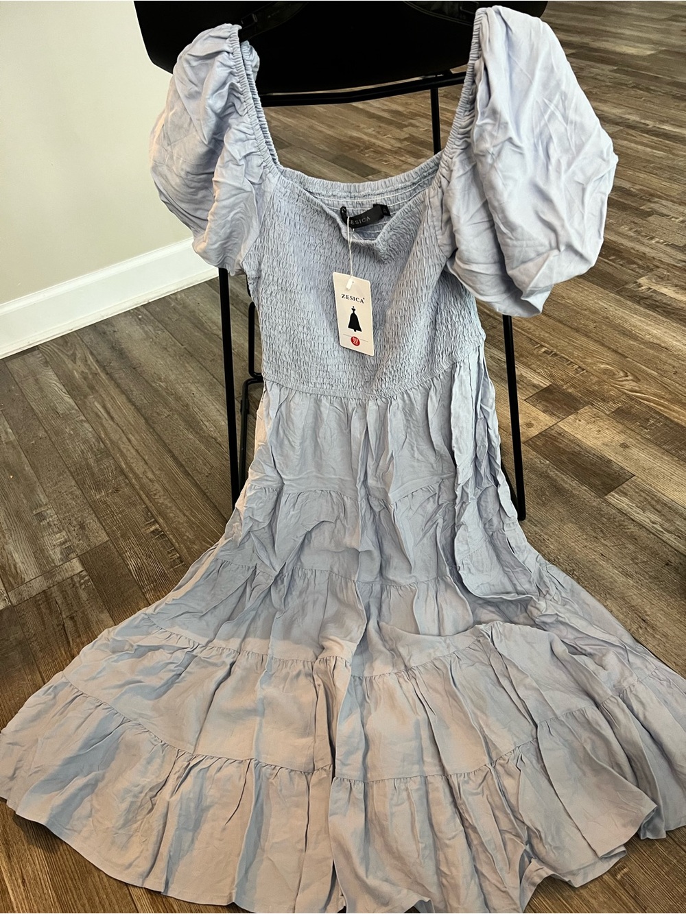 Smocked Puff-Sleeve Tiered Casual Dress in Light Blue